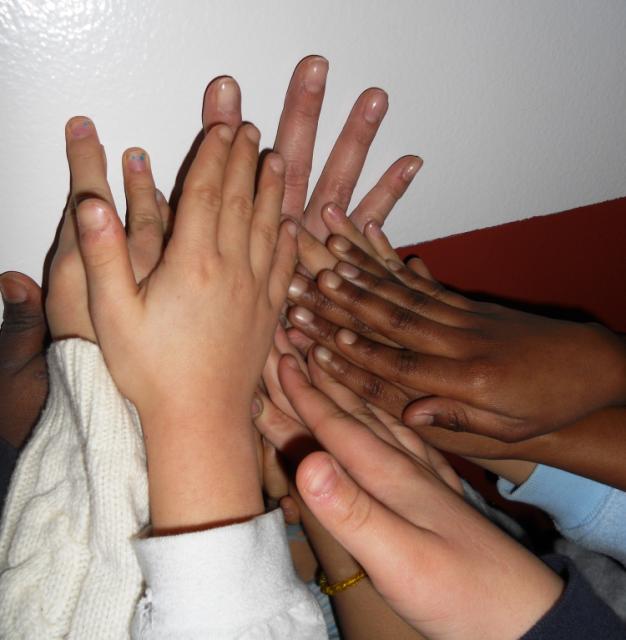 We began our literature study of biographies during African-American History month today.  We put all of our hands together for one photograph.  This was to show the many colors of skin and yet we are all connected as one family.